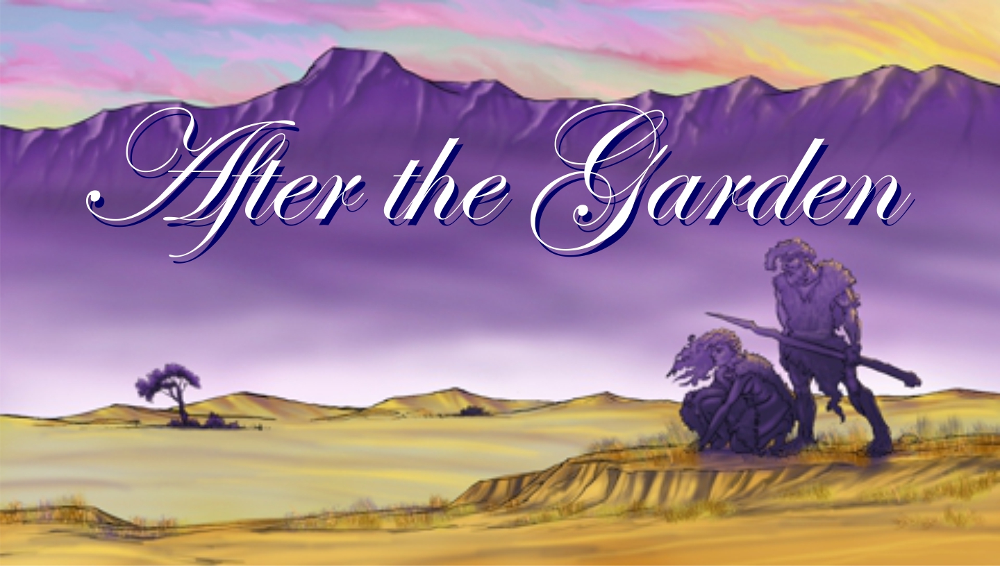 Two figures on a golden plain beneath purple mountains and a pink sky, artwork for After the Garden